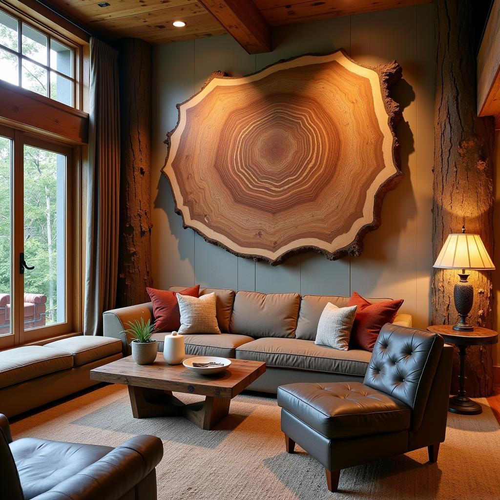 Rustic tree trunk wall art in a cozy living room setting