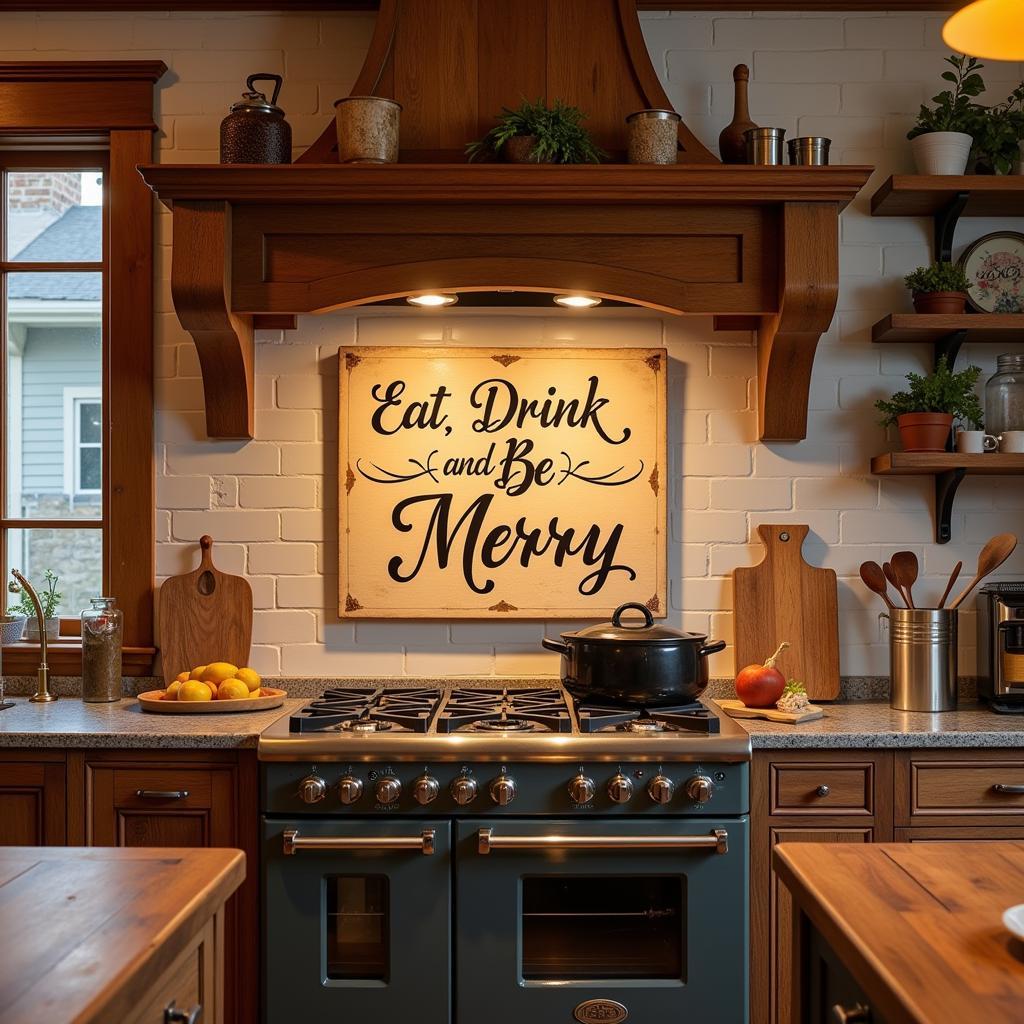 Rustic wooden word art in a kitchen