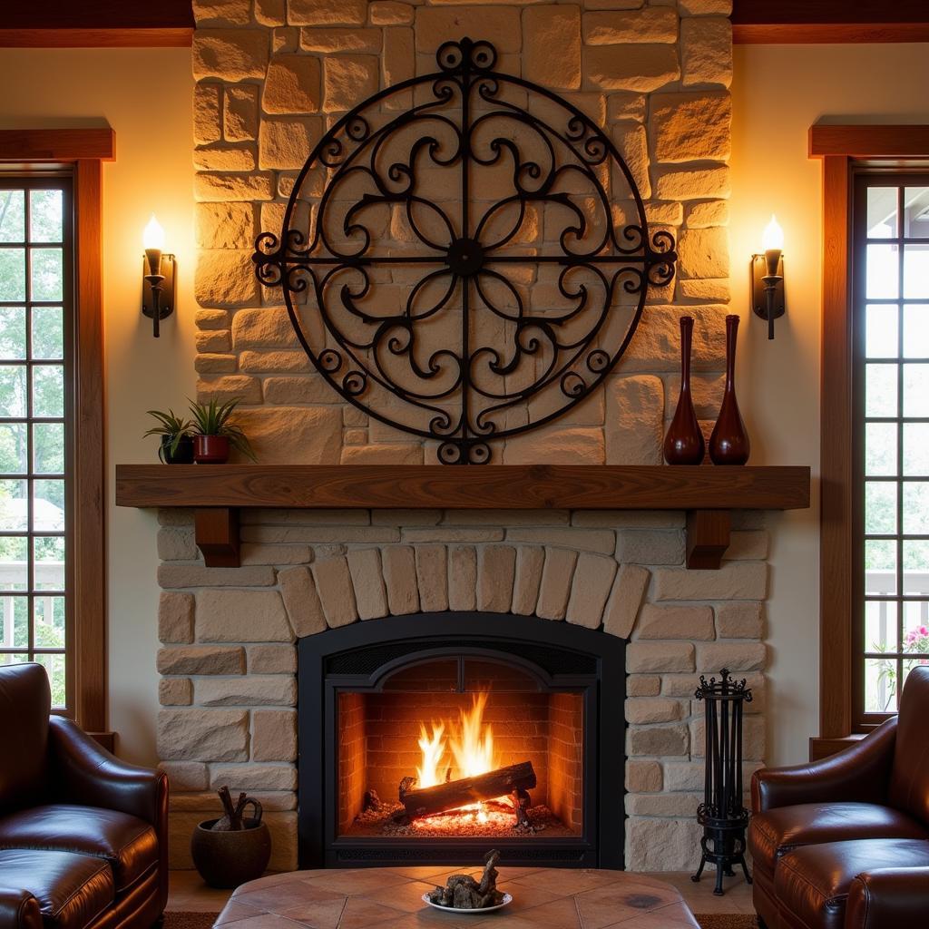 Rustic wrought iron wall art in a living room setting