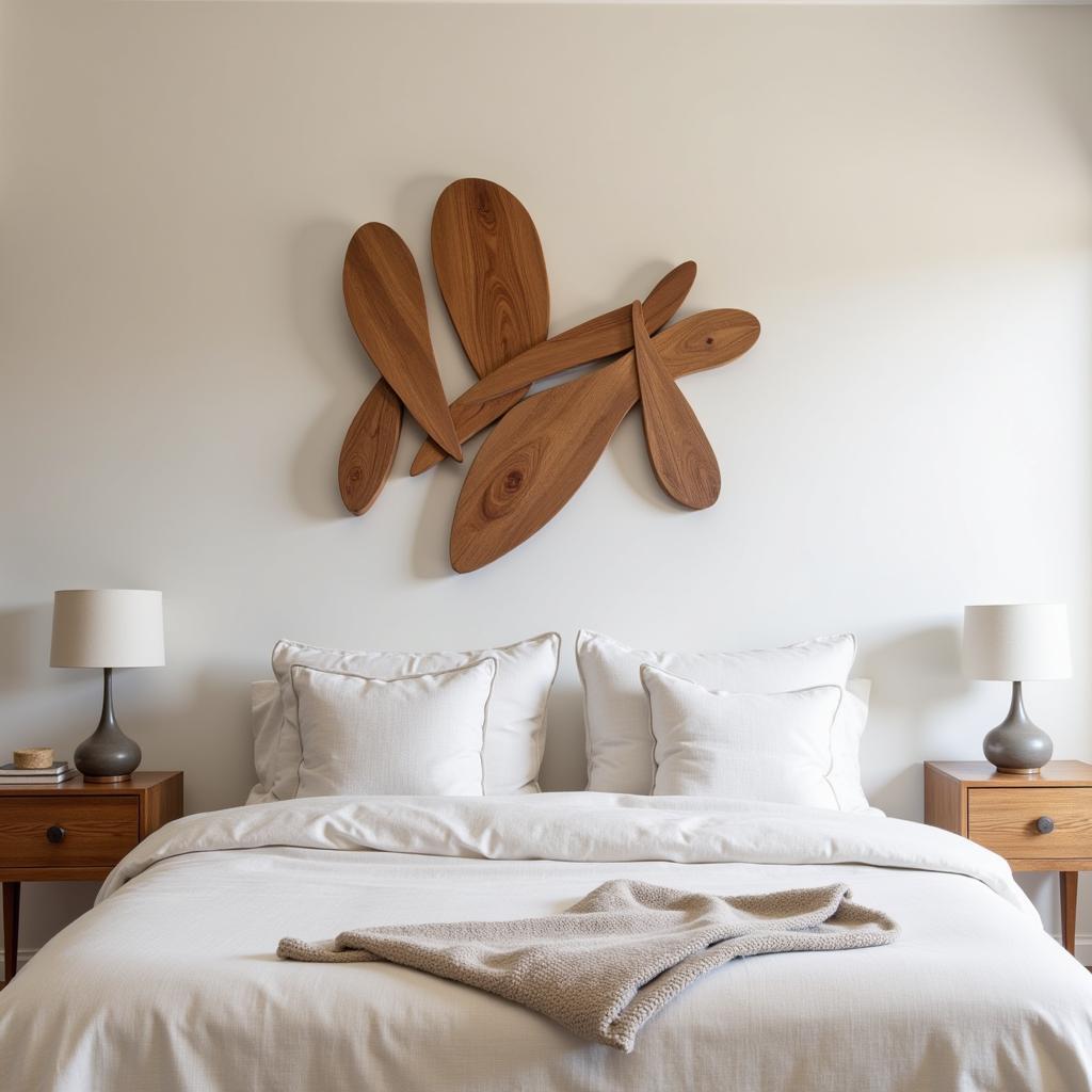 Wooden sculptural wall art brings a natural and organic feel to a bedroom