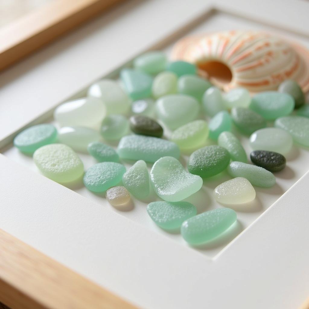 Sea glass art framed: Ocean-inspired decor featuring framed sea glass artwork. A beautiful way to bring the serenity of the sea into your home.