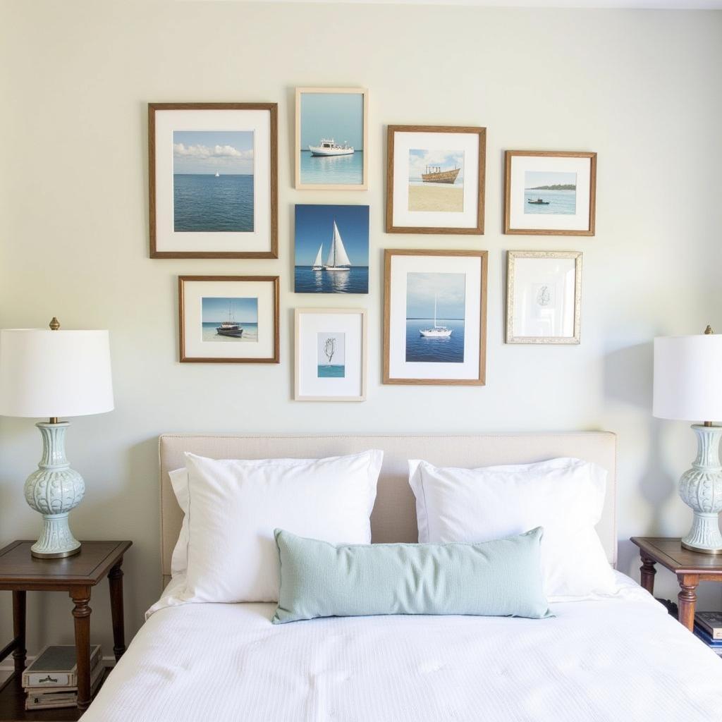 Seaside wall art in a bedroom, featuring a gallery wall with a mix of framed prints and canvases, showcasing various coastal themes and color palettes, creating a calming and inviting atmosphere.