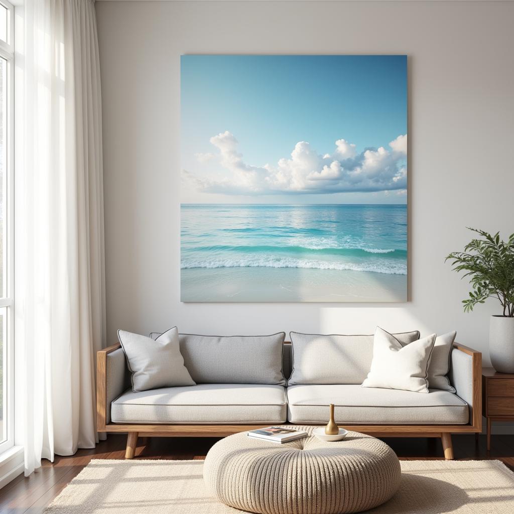 Seaside wall art in a living room, featuring a large canvas print of a serene beach scene with soft blue and white tones, creating a calming and relaxing atmosphere.