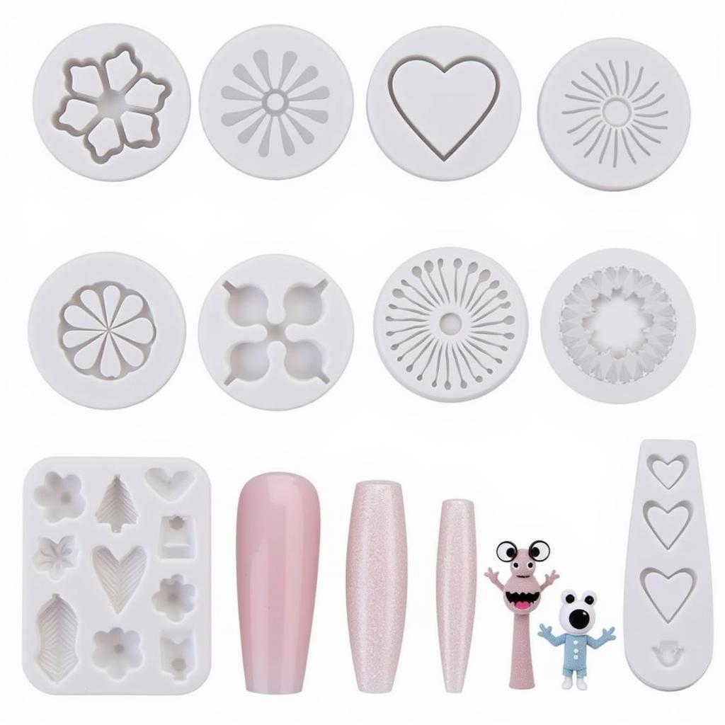 Various silicone molds for nail art showcasing diverse designs and shapes