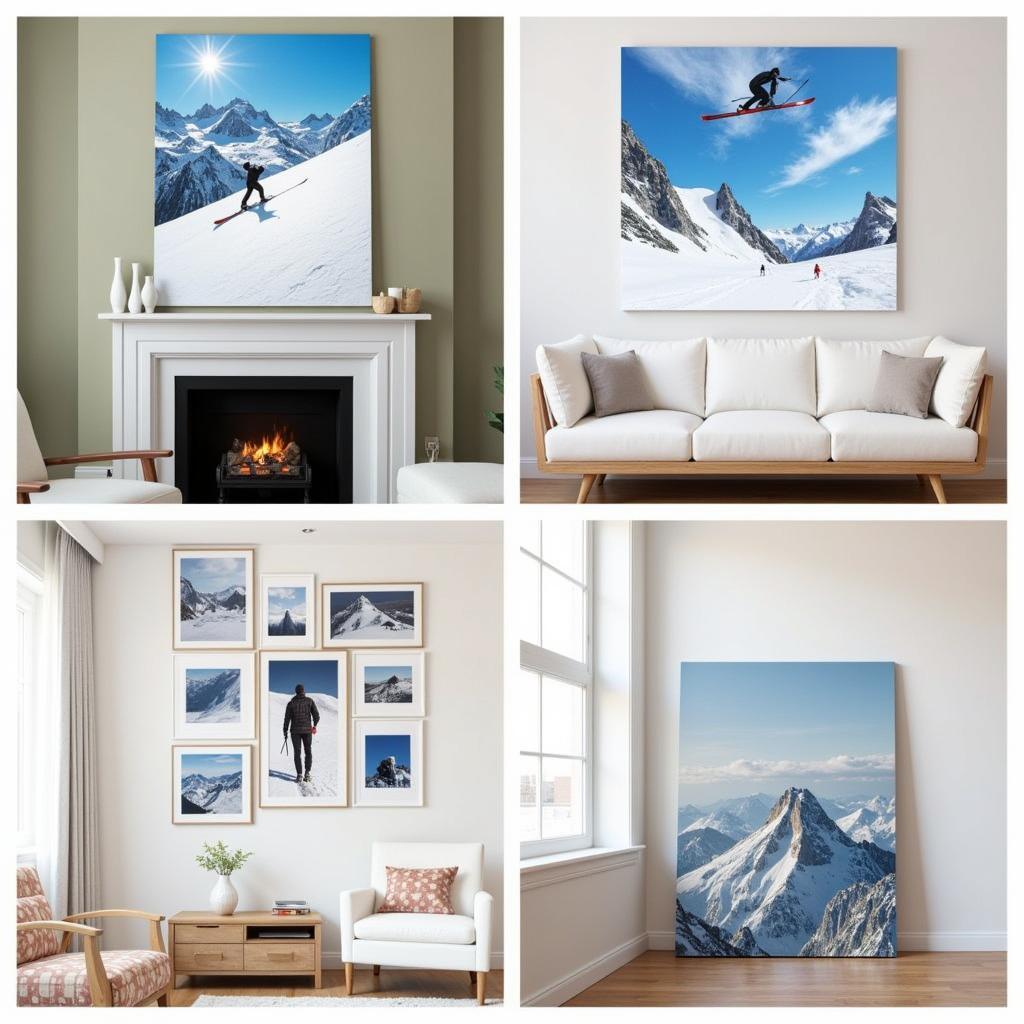 Different ways to display ski canvas art in a living room setting.