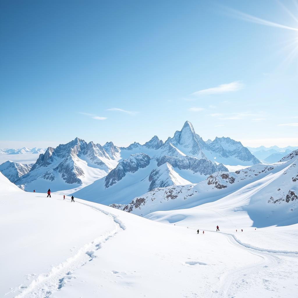 Ski canvas art depicting a breathtaking winter mountain landscape with skiers enjoying the slopes.