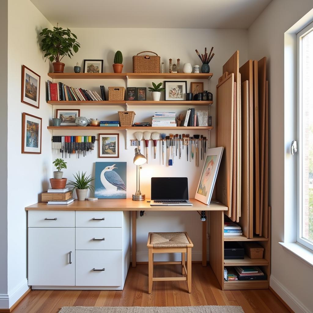 Small art studio with vertical storage solutions