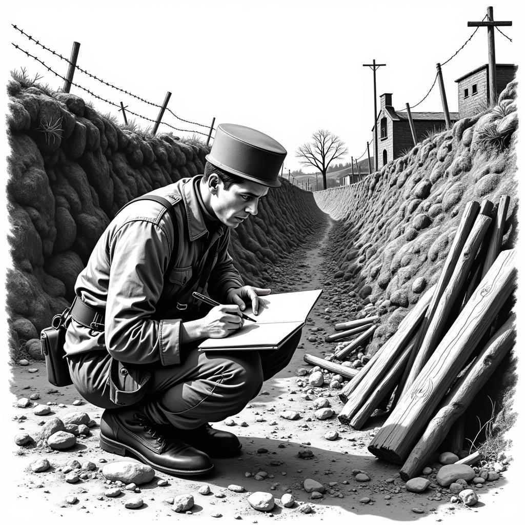 Soldier Sketching in Trench