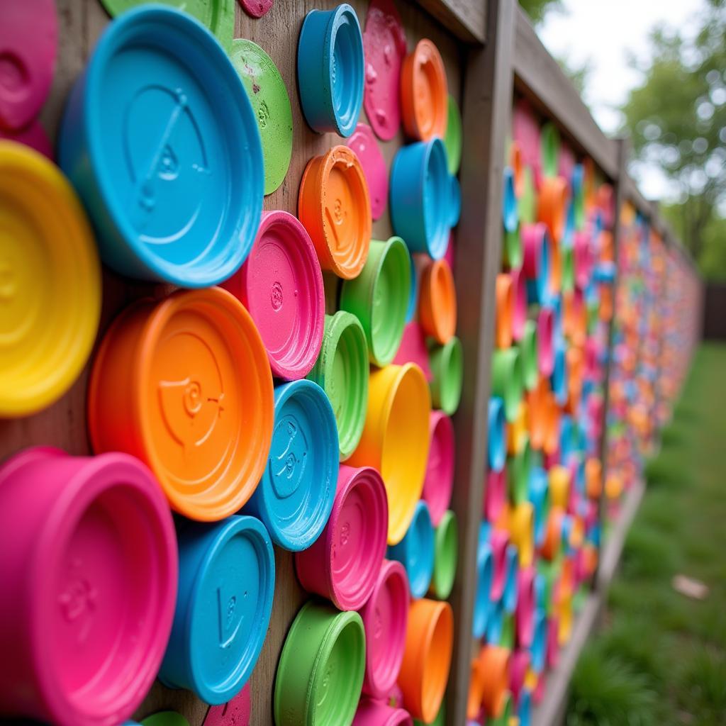 Solo cup fence art featuring colorful geometric patterns.