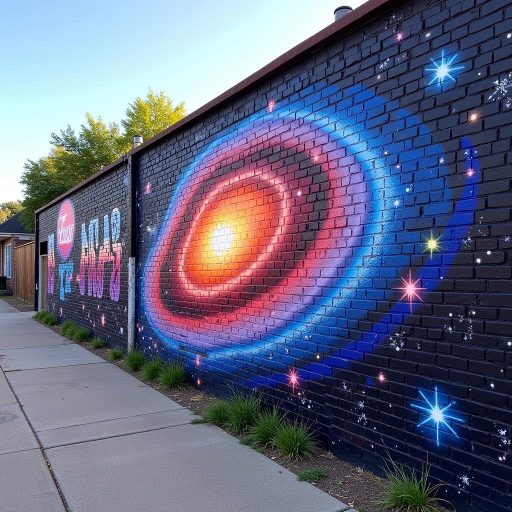 Space graffiti mural depicting a vibrant galaxy