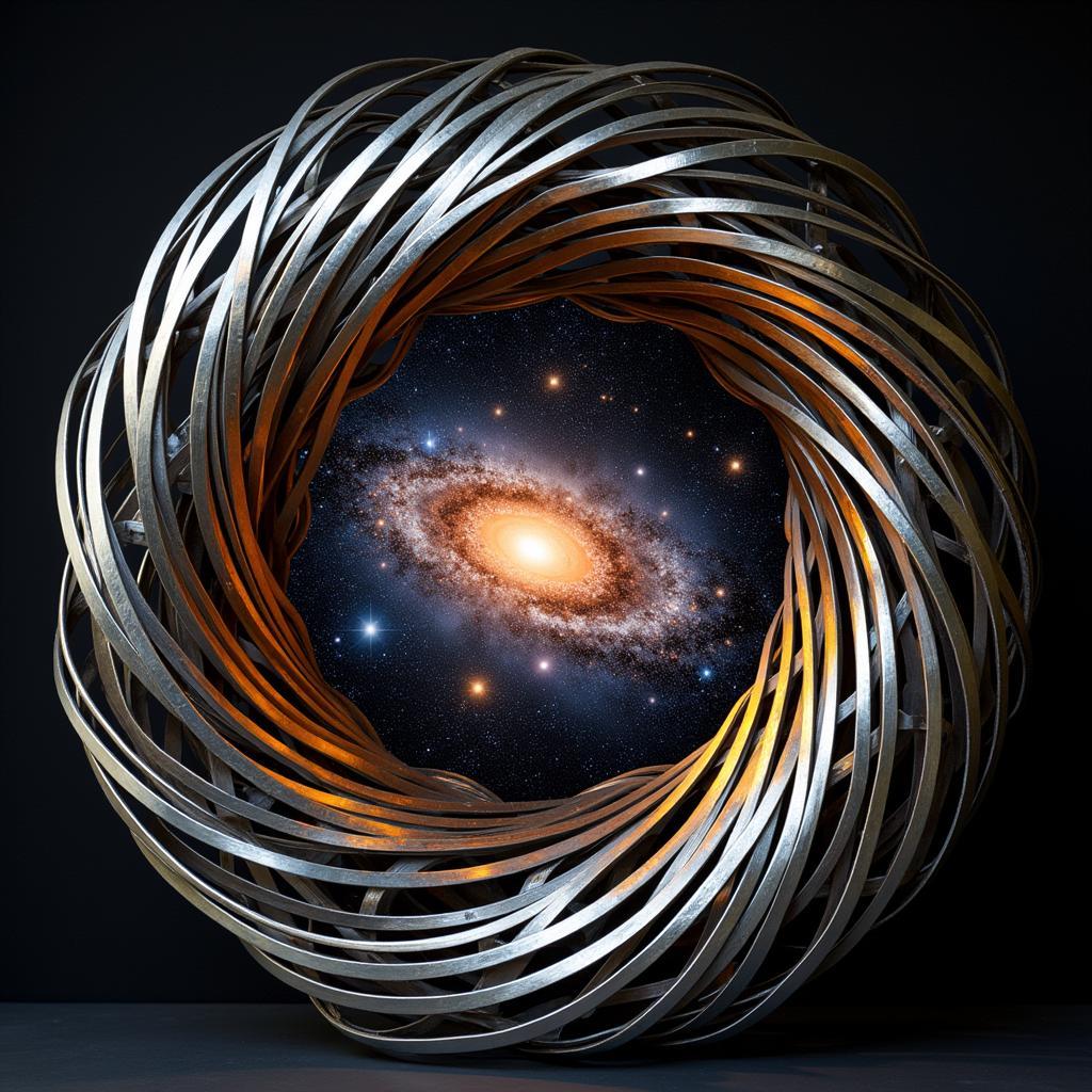 Metal sculpture representing a swirling galaxy, demonstrating the three-dimensional possibilities of space art.