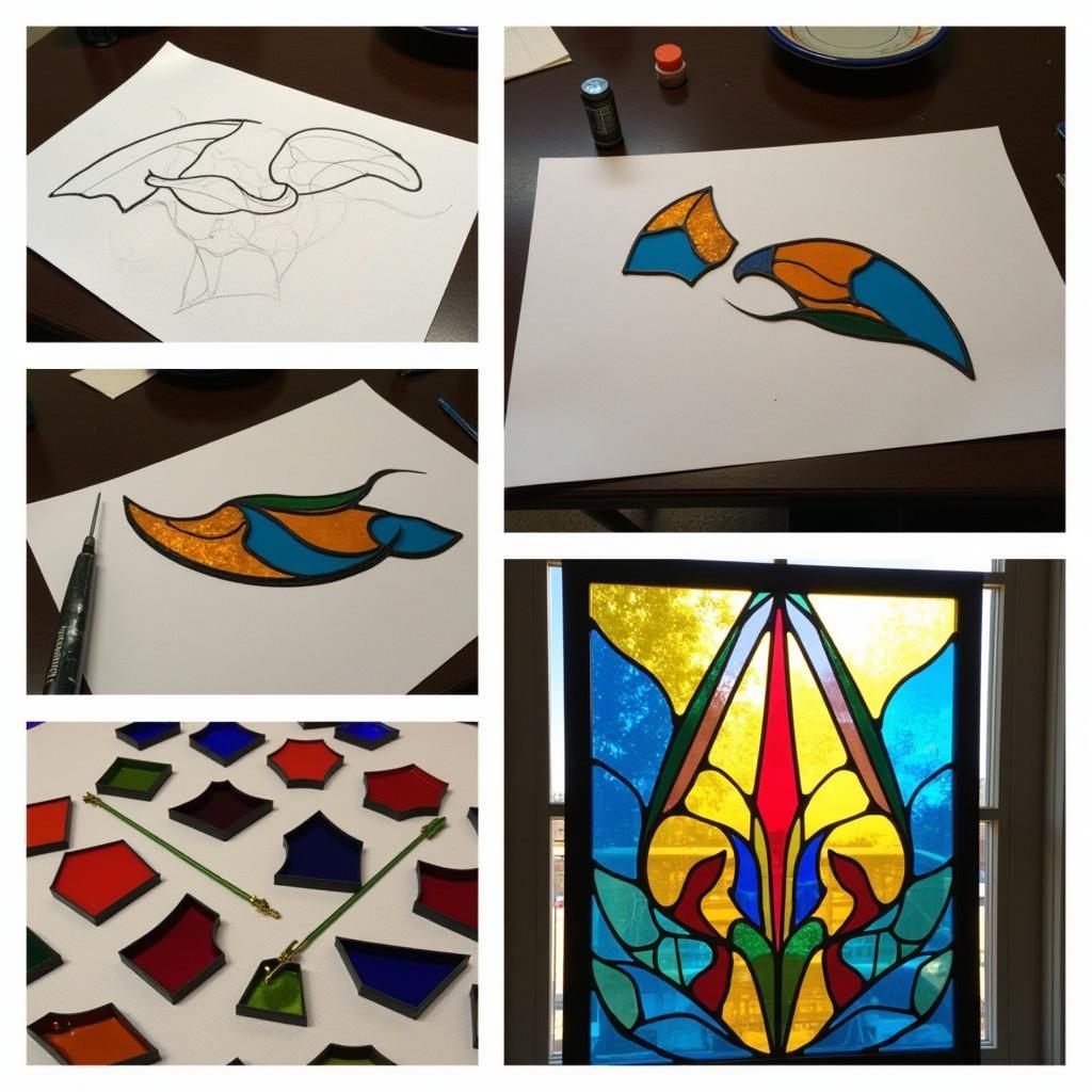 The meticulous process of creating stained glass art deco, showcasing the cutting and assembling of colored glass pieces.