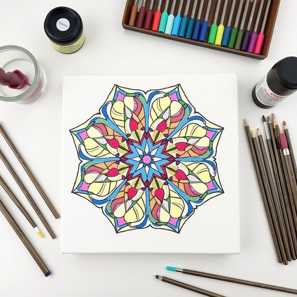 Essential tools and materials for creating a diamond painting stained glass artwork.