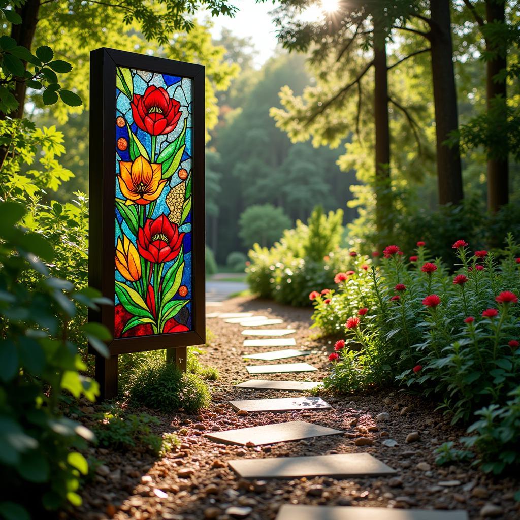 Stained glass panel nestled amongst lush greenery along a garden pathway, illuminated by dappled sunlight, creating a vibrant focal point.