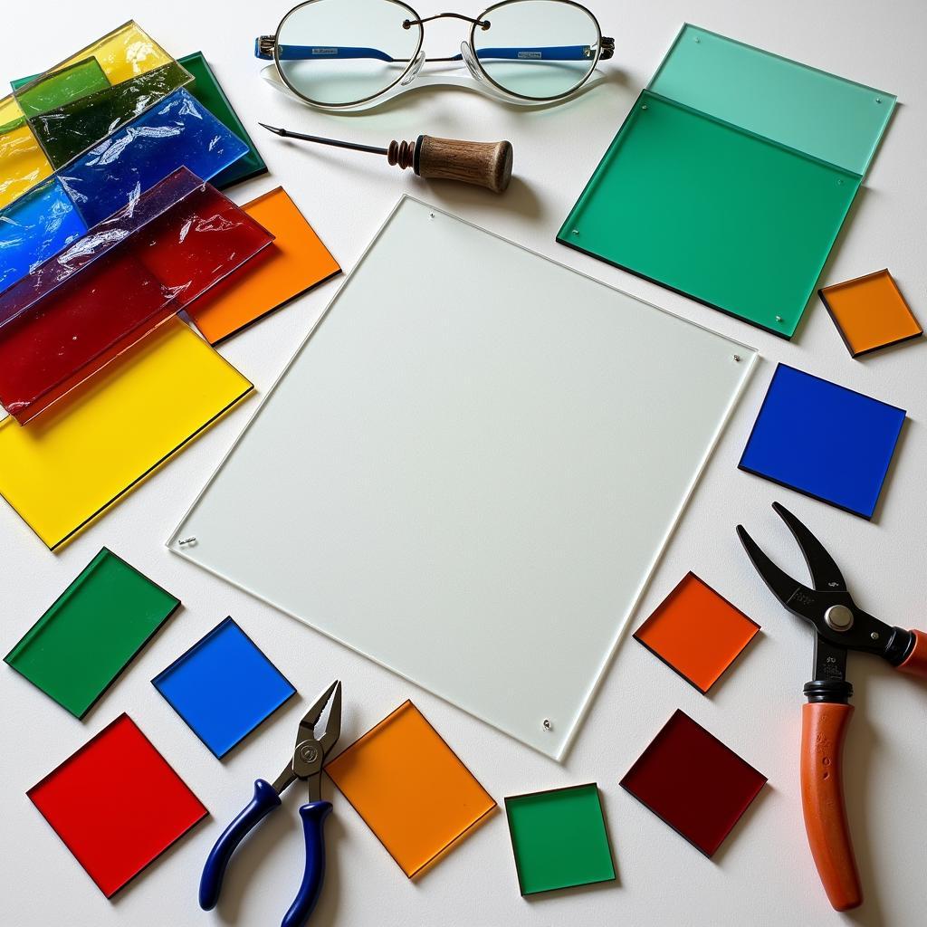 Essential tools and materials for stained glass art creation.