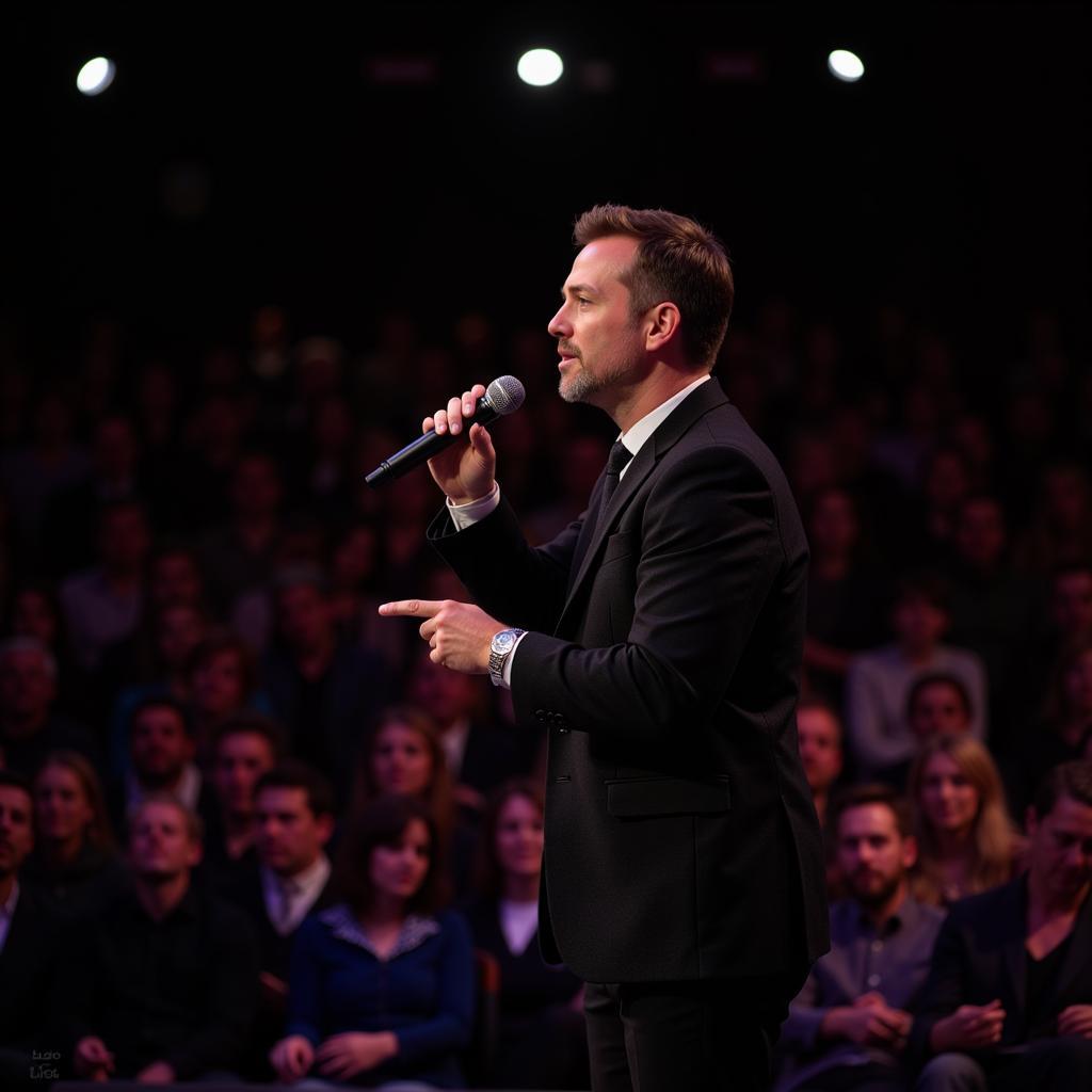 Stand-up comedian using curse words on stage.