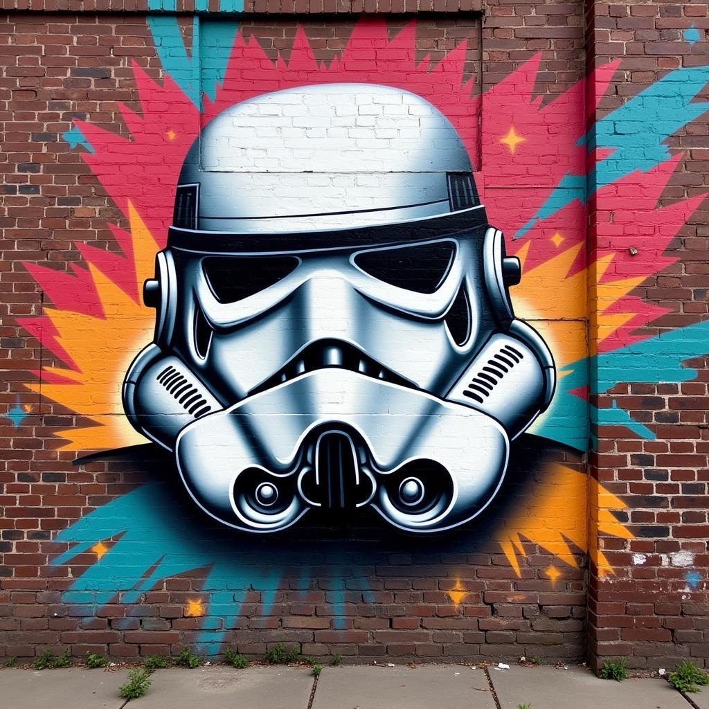 A graffiti art piece featuring a stormtrooper on a brick wall, with vibrant colors and dynamic lines.