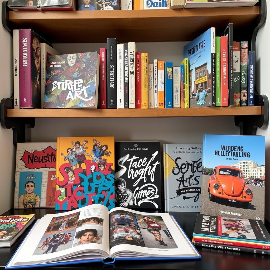 A collection of street art books displayed on a shelf: Various colorful and visually appealing street art books are arranged on a shelf, showcasing the growing appreciation for this art form in book format.