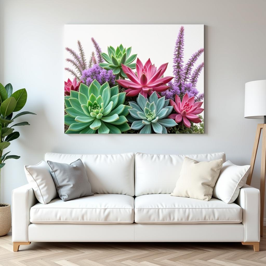 Succulent canvas wall art adds a touch of desert chic to a modern living room.