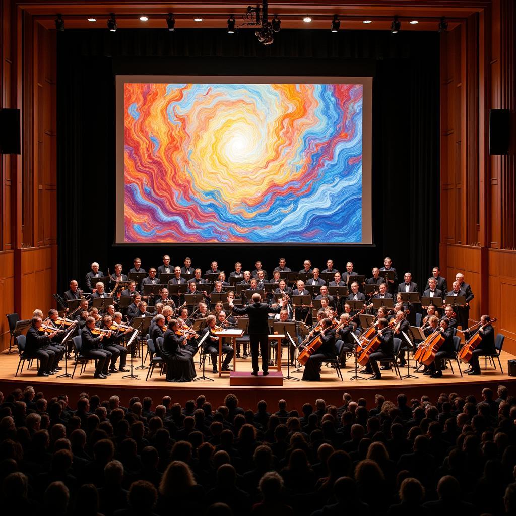 A symphonic orchestra playing with a backdrop of a famous painting.