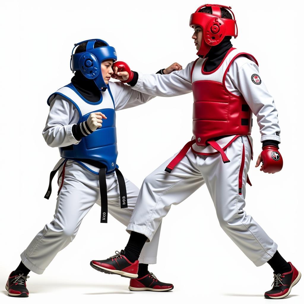 Two taekwondo practitioners engaged in a sparring match.