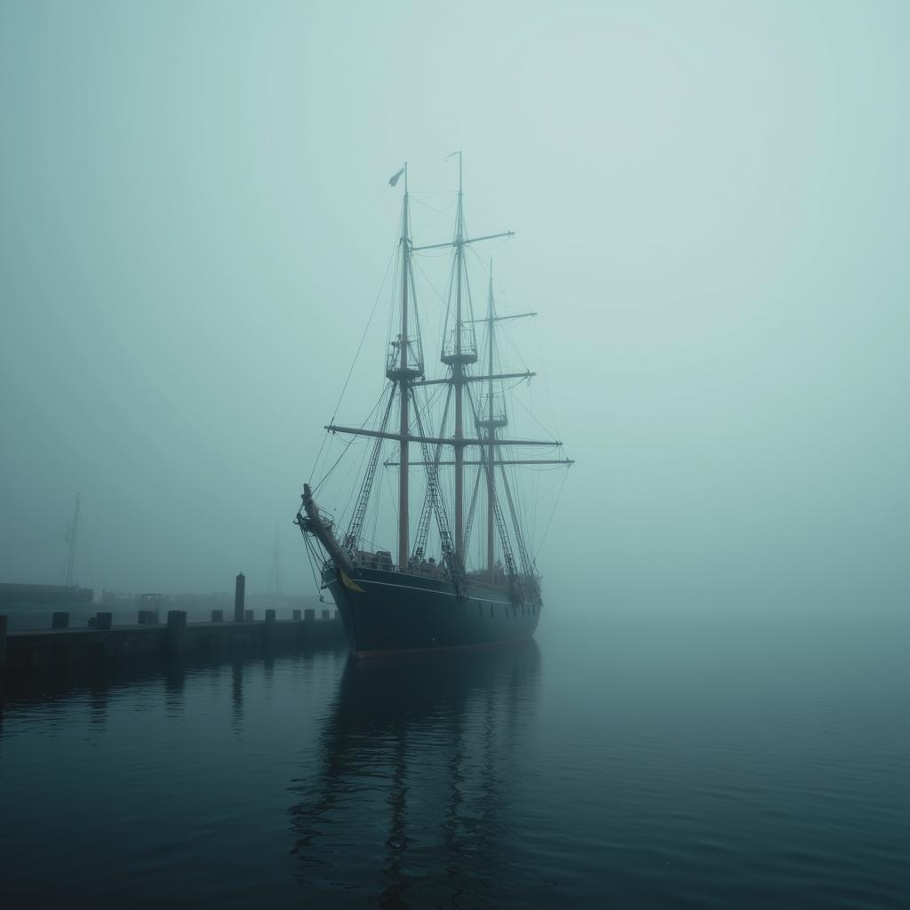 Photo reference of a tall ship in a foggy harbor