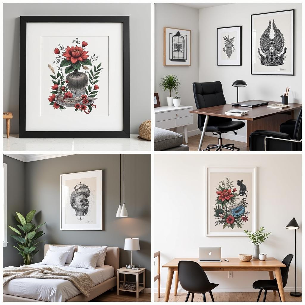 Tattoo art prints in various home decor settings