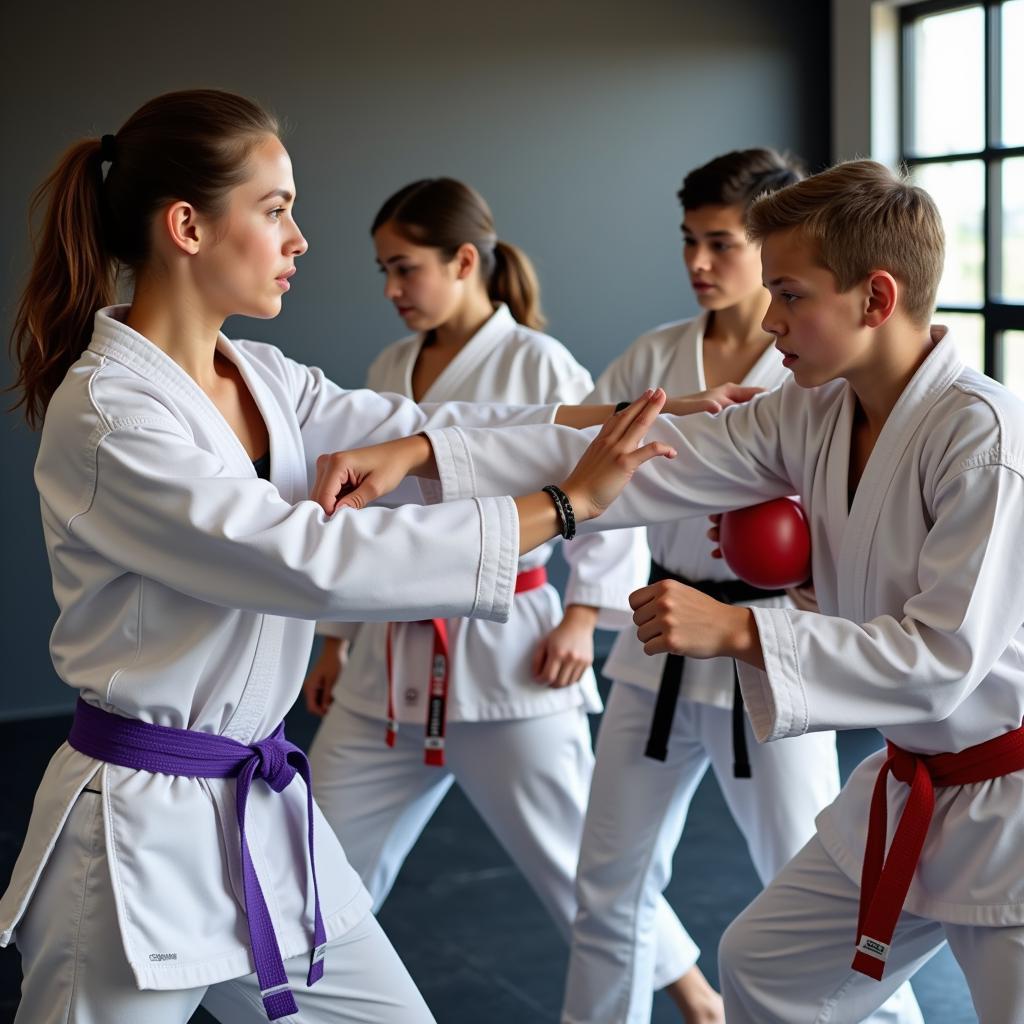 Teenagers practicing martial arts, demonstrating discipline, focus, and self-defense skills.