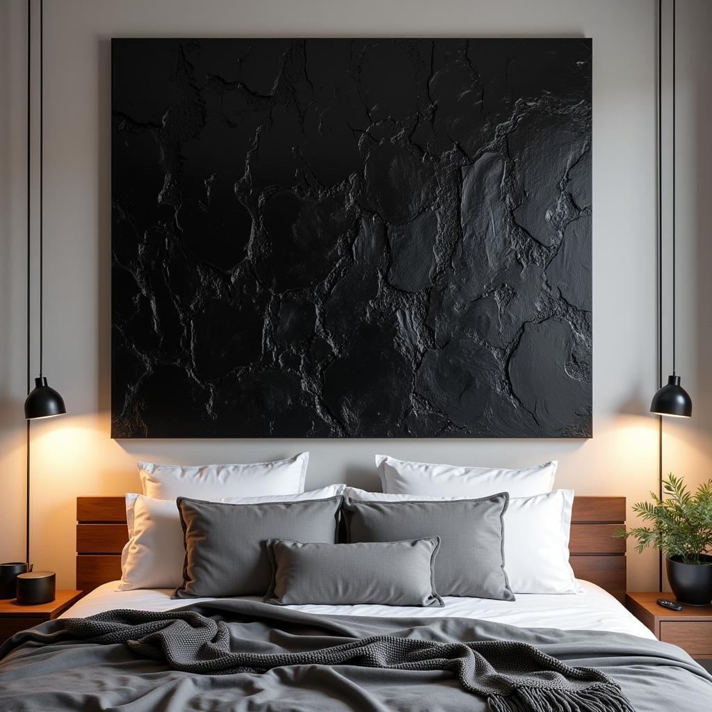 Textured Black Abstract Canvas in a Bedroom