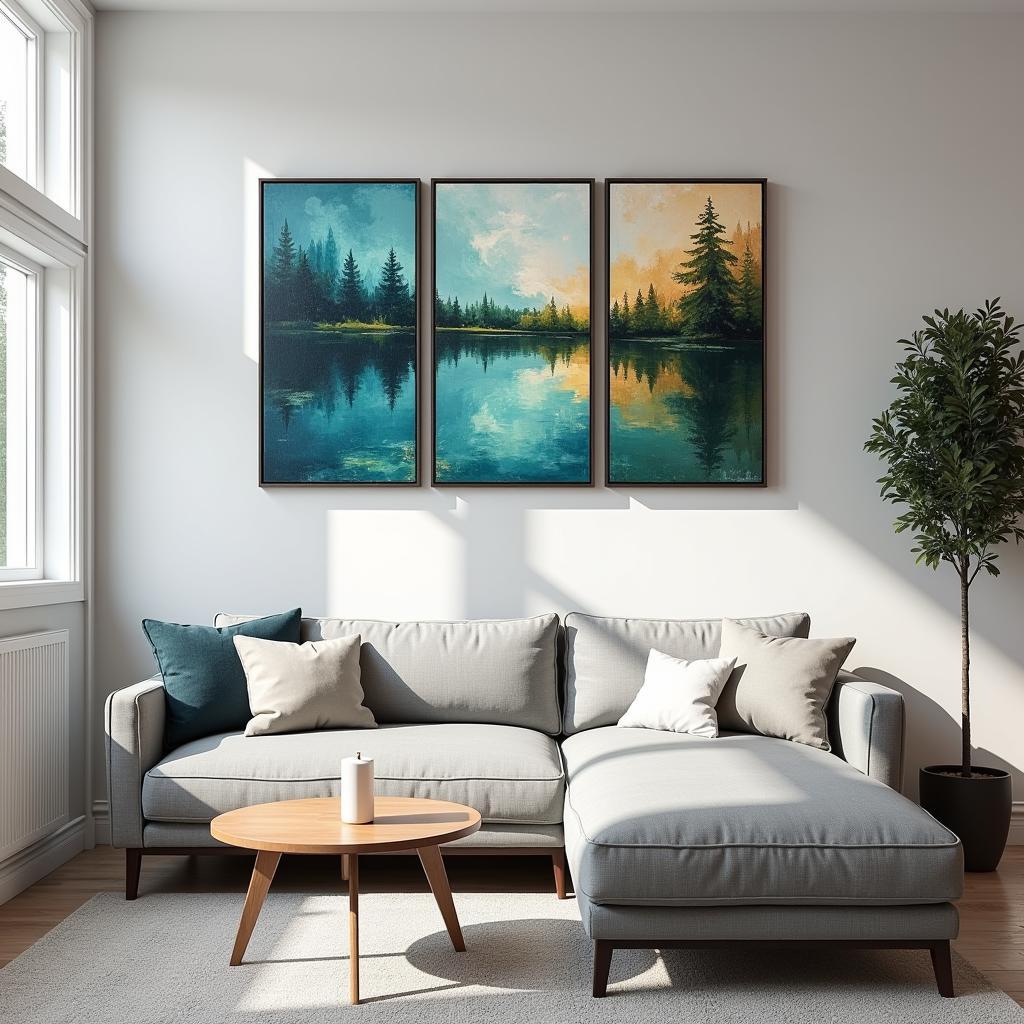 Abstract triptych canvas art hanging above a modern grey sofa in a living room.