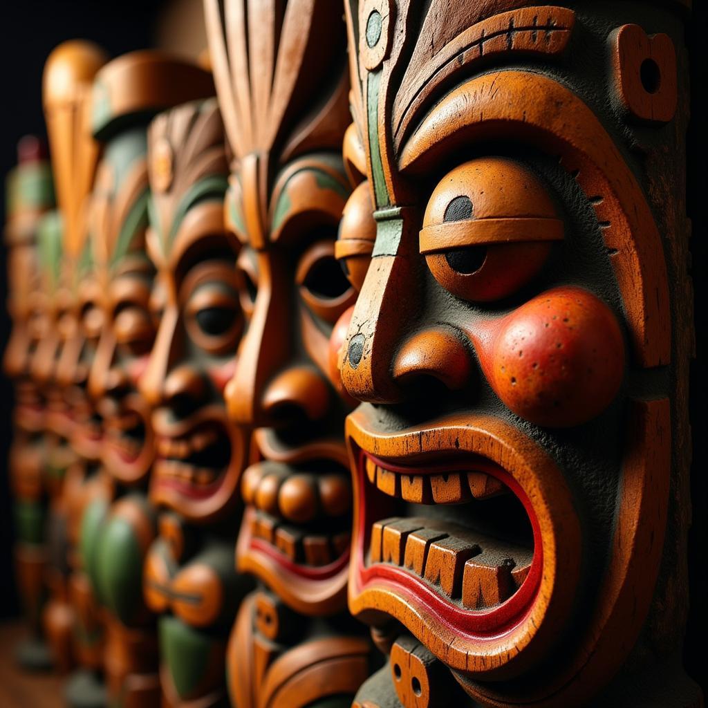 Tiki bar art featuring intricate carvings and colorful masks