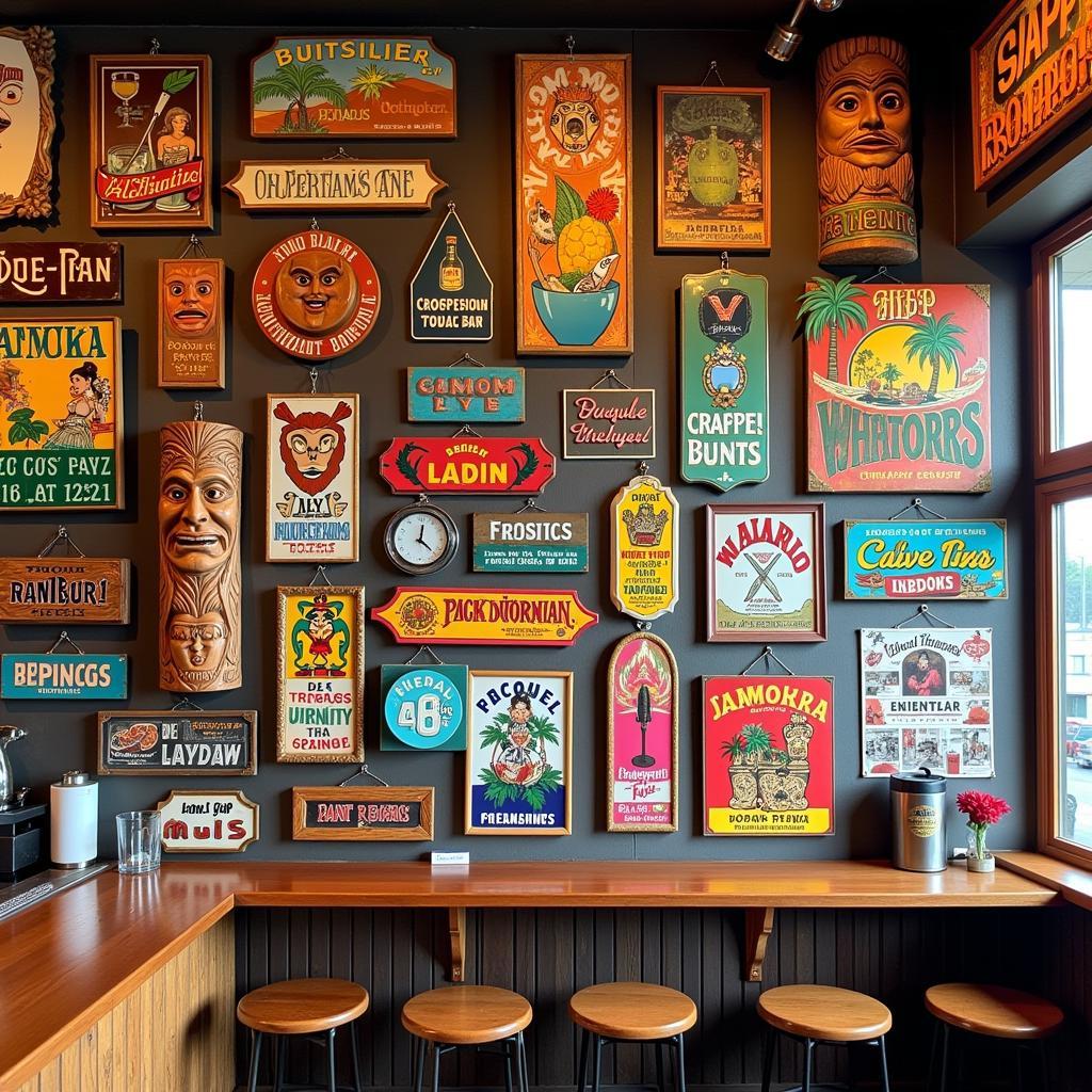 Vintage Tiki Bar Signs: A collection of vintage tiki bar signs adorning a wall, creating a retro and playful atmosphere.