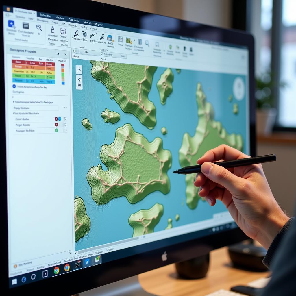 A designer working on topographical map art using specialized software.