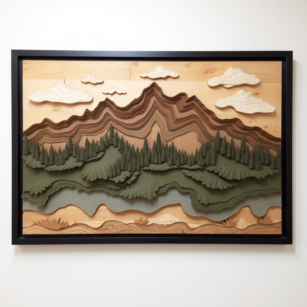 Topographical map art wall hanging showcasing a mountain range.