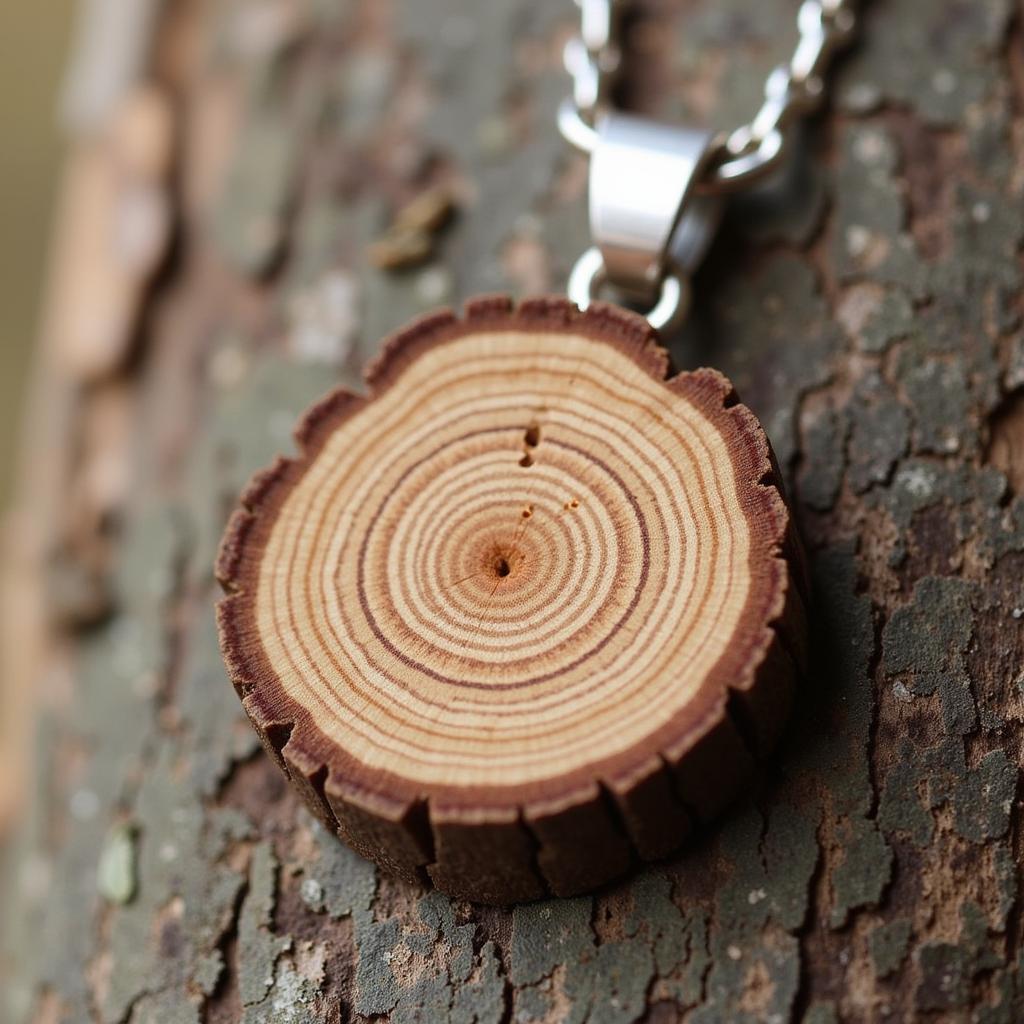 Intricately carved tree ring pendant necklace showcasing delicate craftsmanship.