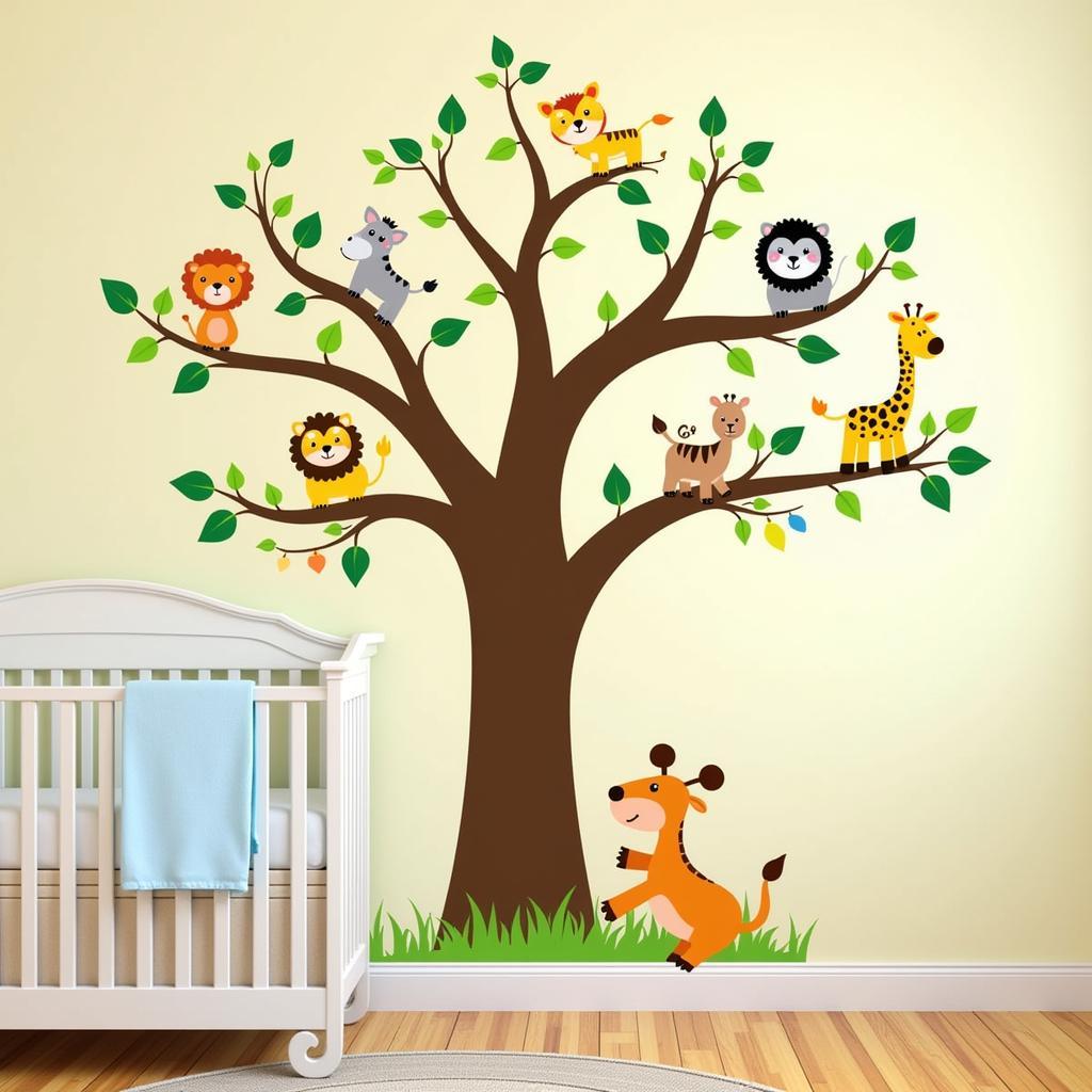 Tree vinyl wall art adds a playful touch to a nursery.