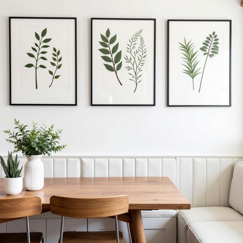 Trio of botanical prints in a kitchen