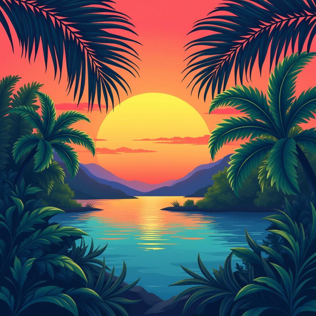 Digital illustration of overlapping palm leaves in various shades of green against a sunset background.