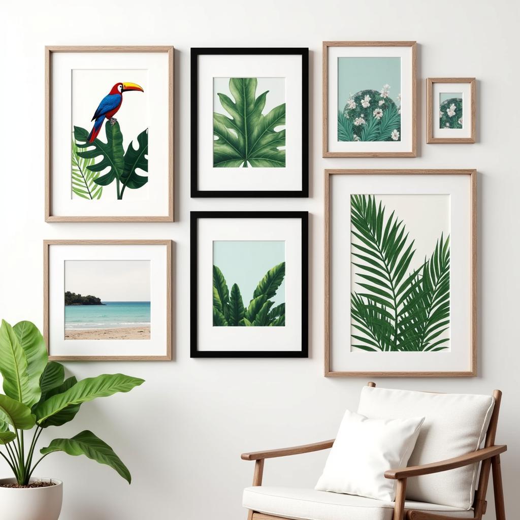 A gallery wall featuring a collection of tropical print wall art, showcasing various themes such as exotic birds, lush foliage, and vibrant floral patterns, creating a dynamic and visually appealing display.