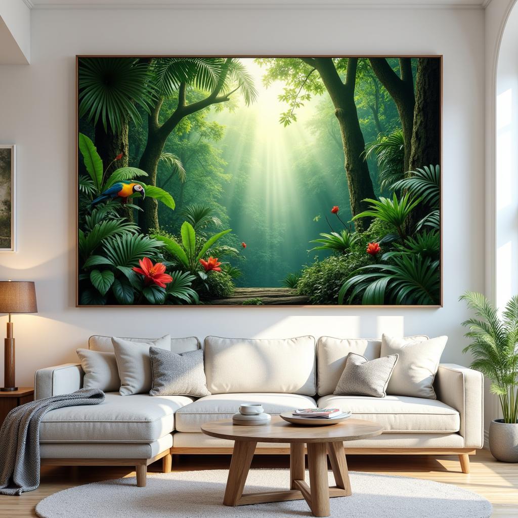 Tropical print wall art in a living room setting, showcasing a lush jungle scene with vibrant green foliage and exotic birds, creating a calming and inviting atmosphere.