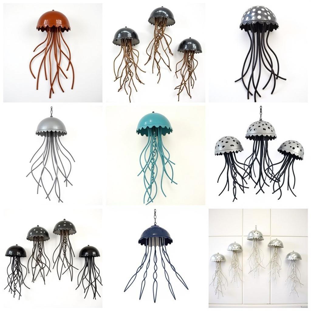 Different designs and sizes of metal jellyfish wall art, showcasing a variety of styles, colors, and materials.