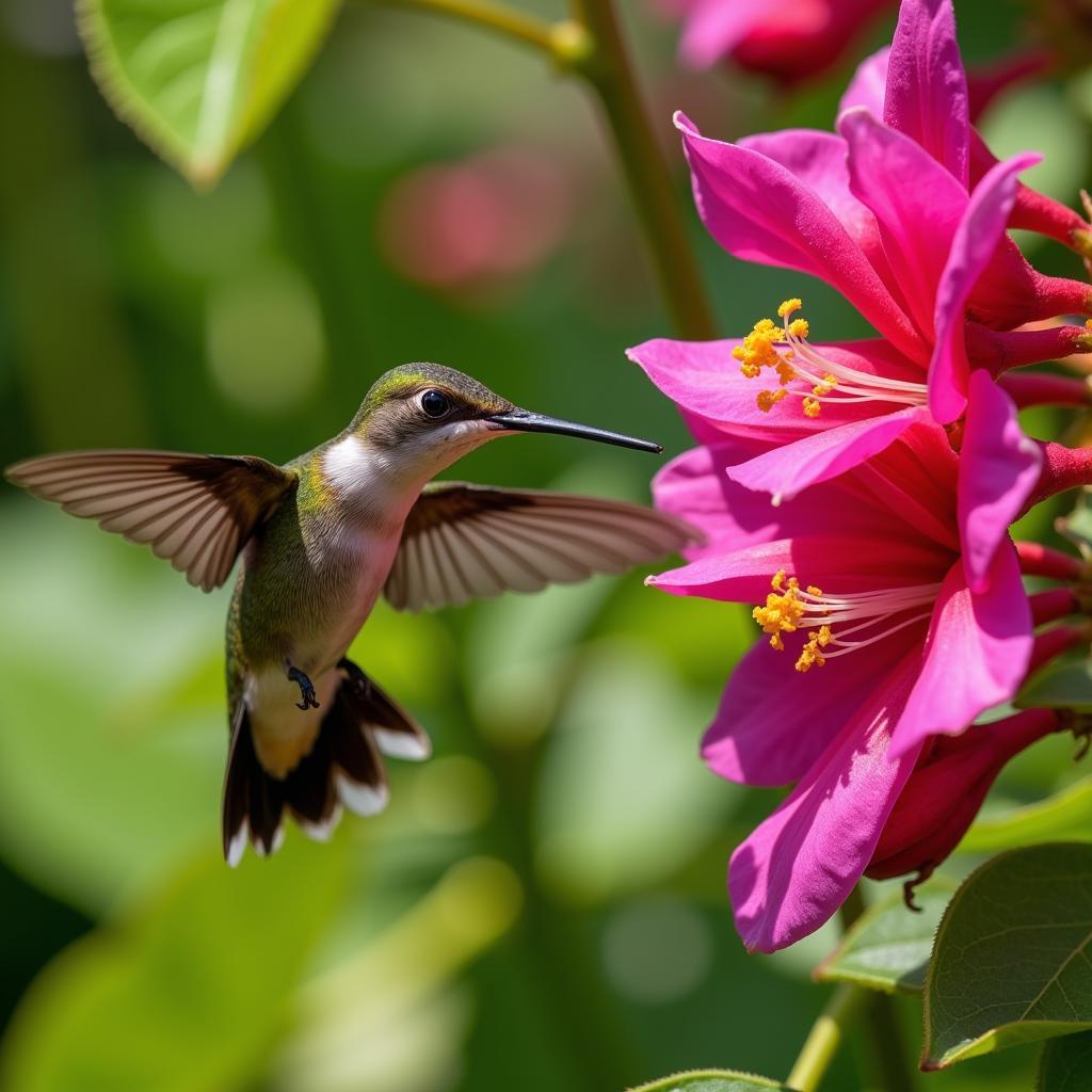 Vibrant Hummingbird Art Print: A close-up of a hummingbird hovering near a flower, showcasing its iridescent feathers and the delicate details of the floral background.