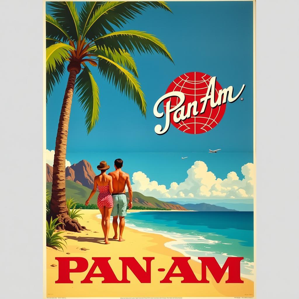 Vintage Pan Am Airline Poster Depicting a Romantic Getaway to Hawaii