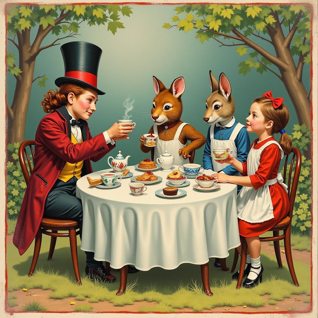 Vintage postcard depicting the Mad Hatter's tea party