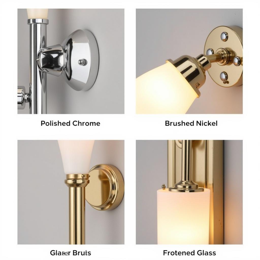 Close-up shots of various vintage Art Deco wall sconce materials like brass, chrome, nickel, and frosted glass.