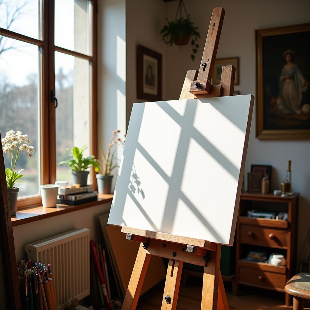 A vintage wooden art easel holding a canvas in a sunlit artist's studio.