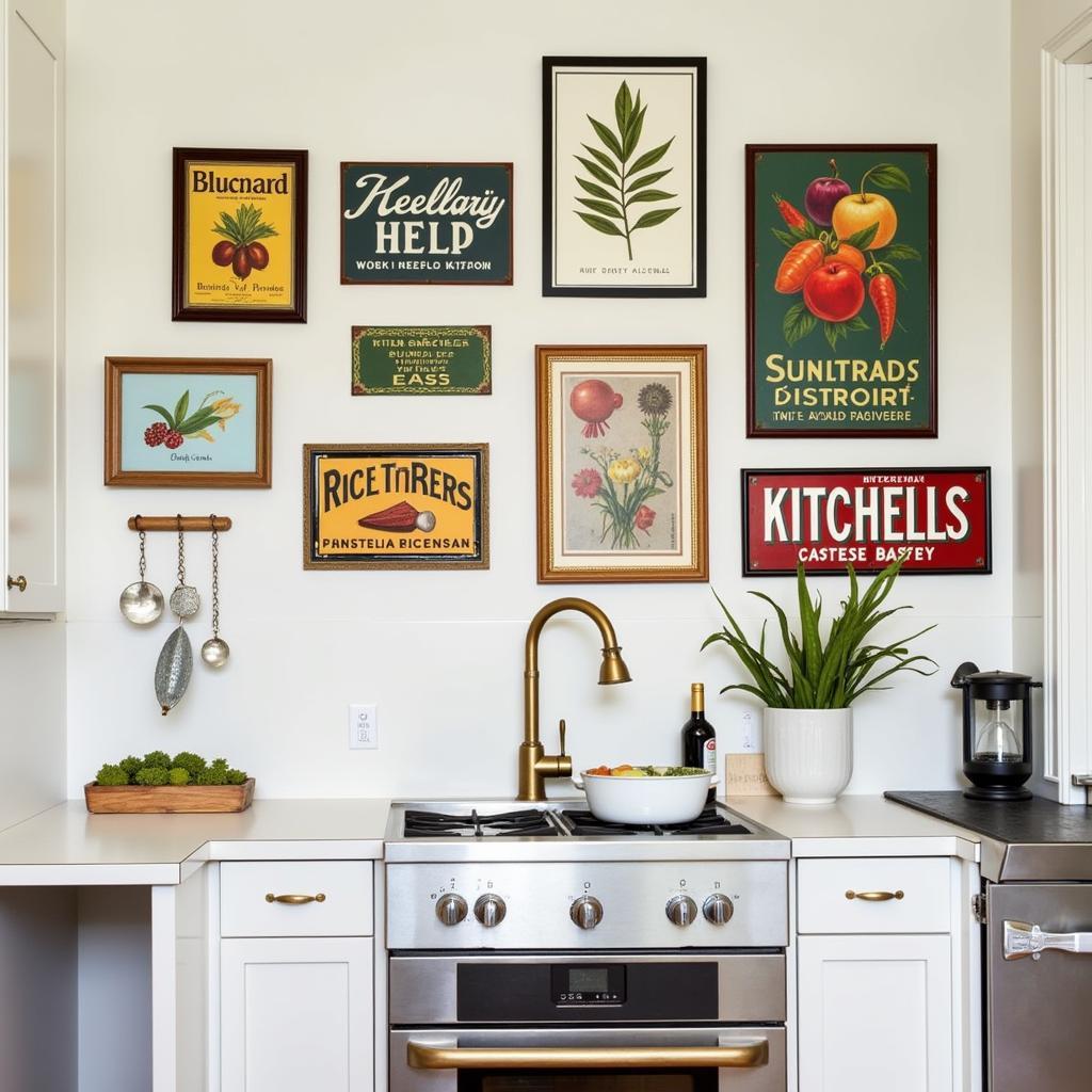 Vintage Art Kitchen Gallery Wall Decor: A gallery wall showcasing a mix of vintage kitchen prints, framed botanical illustrations, and antique enamelware signs, creating a focal point in a modern kitchen.