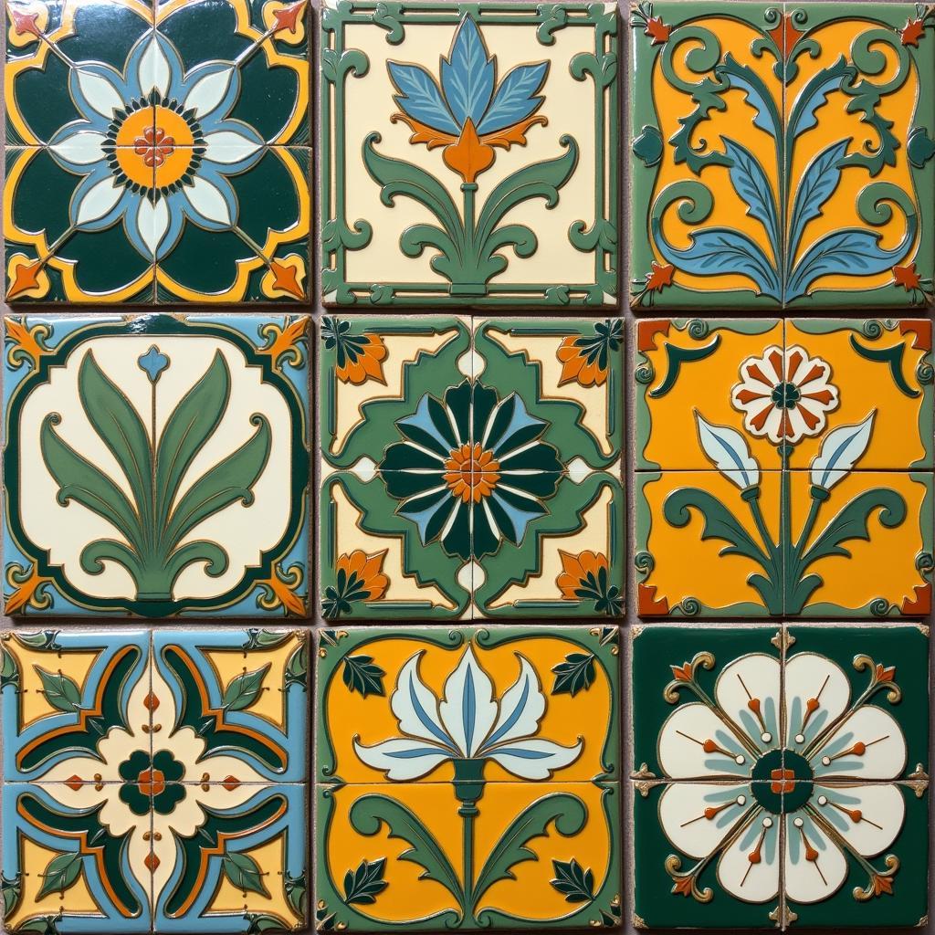 Vintage Art Nouveau tiles with intricate floral patterns