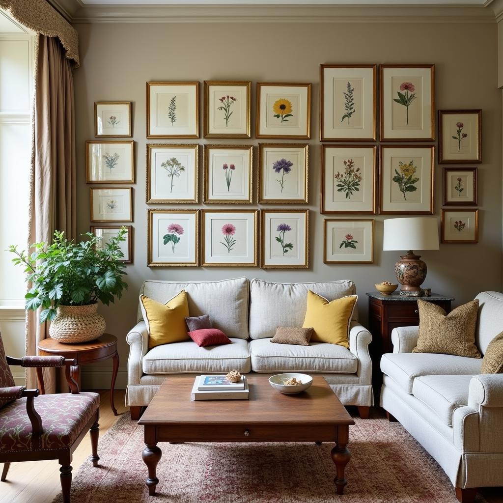 Vintage Botanical Floral Art Prints in a Living Room