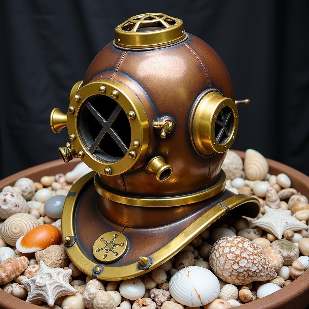 Vintage Brass Diving Helmet with Seashells and Coral